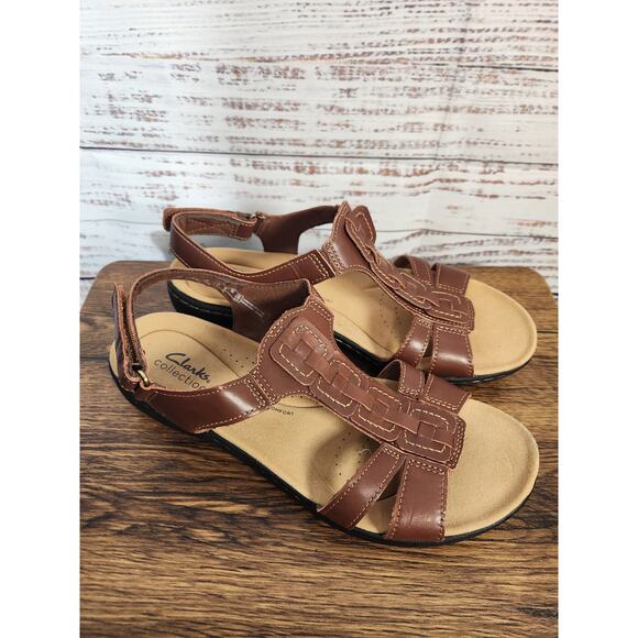 Clarks Laurieann Kay Women's T-strap brown leather sandals size 8W EUC - Picture 1 of 5